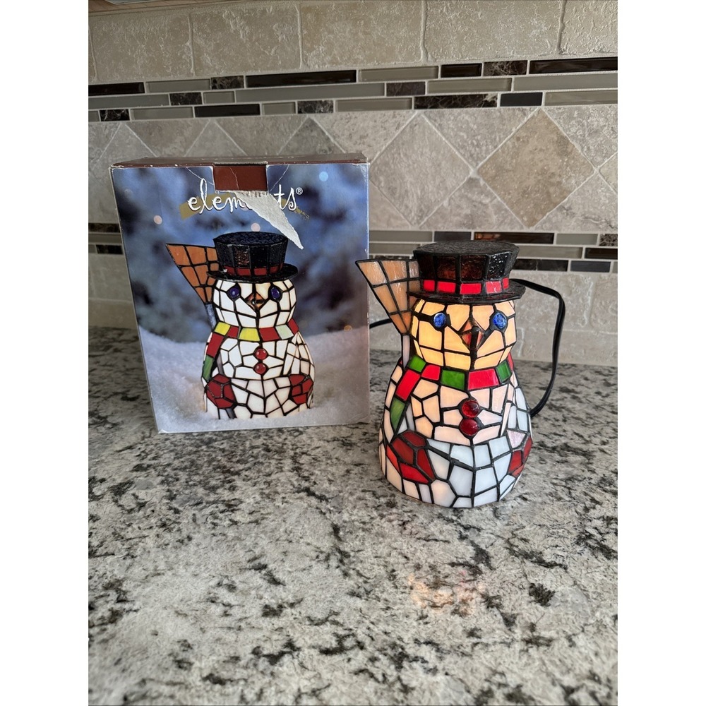 Stained Glass Tiffany Style Working Lighted Snowman 8 1/2 In High By Elements